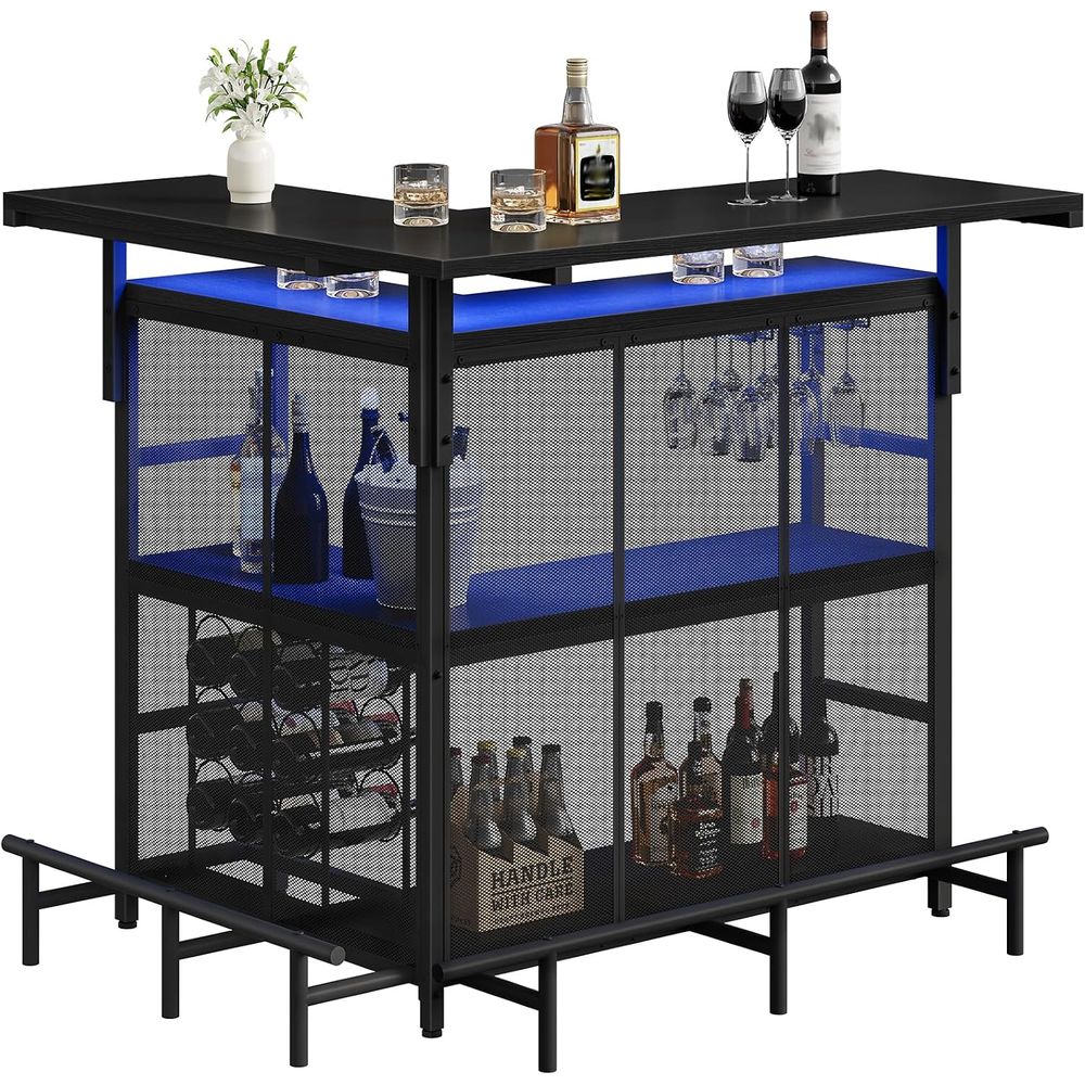 Home Bar Shelves - L-förmige Hausbar-Einheit mit Glashalter, 4-stufigen Regalen,