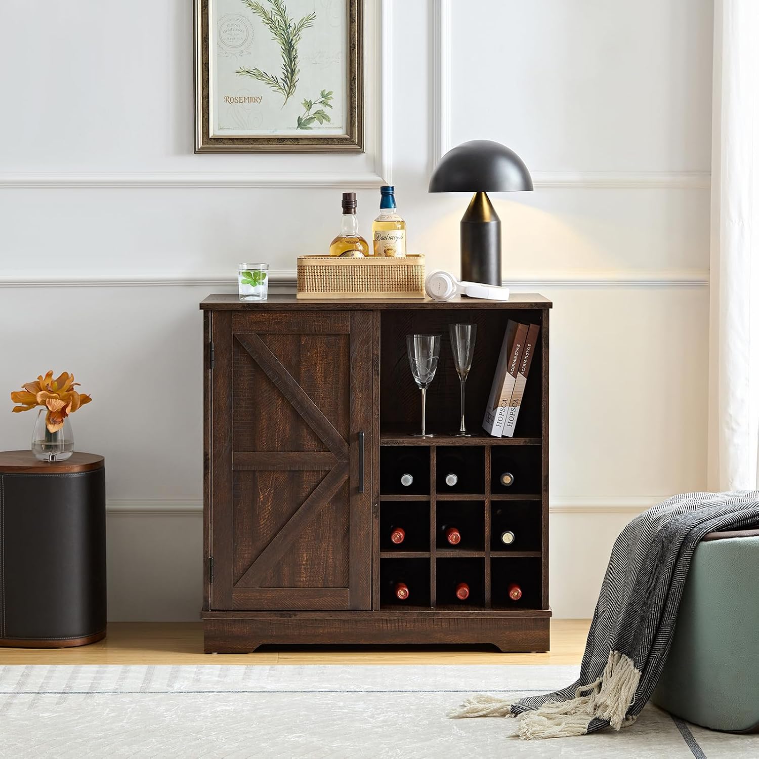 Home Bar Shelves - Farmhaus-Barschrank mit Weinregal und Glasaufbewahrung, Schiebetür-Buffetschublade,