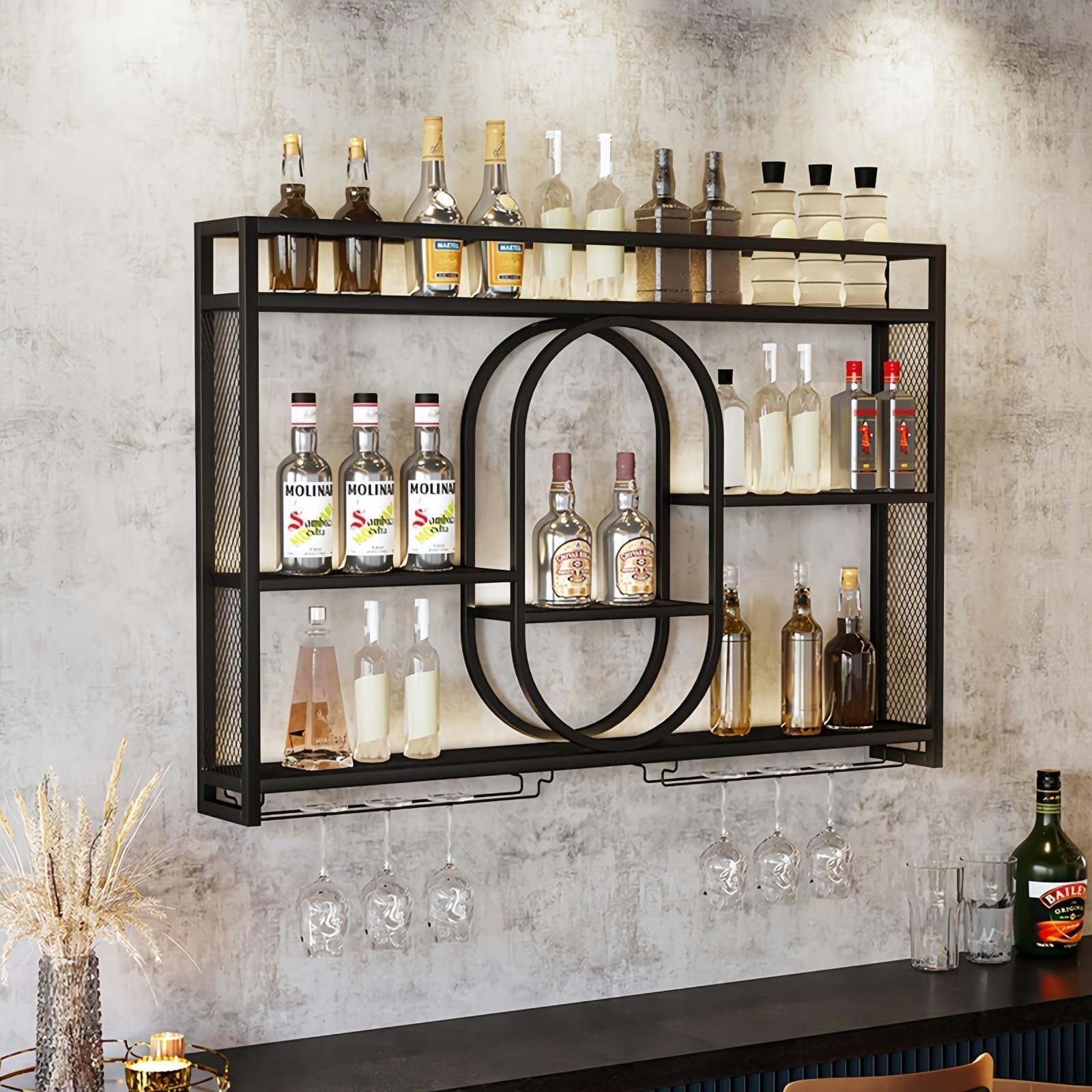 Home Bar Shelves - 39 Zoll Upgrade Metall-Wandweinregal, 3-stufiges Großraum-Hängebar-Regal,