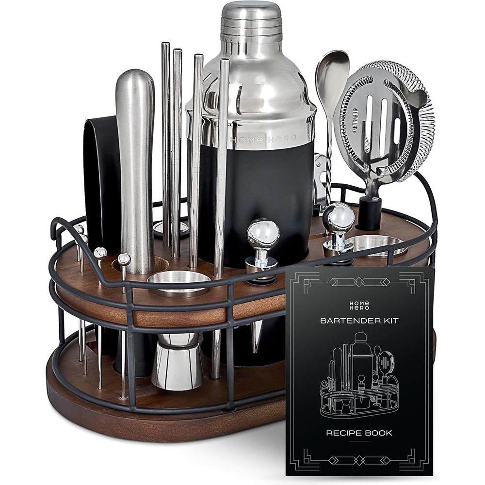 Cocktail Recipe Book - 22-teiliges Cocktail-Shaker- und Bar-Werkzeug-Set - Holzständer-Display