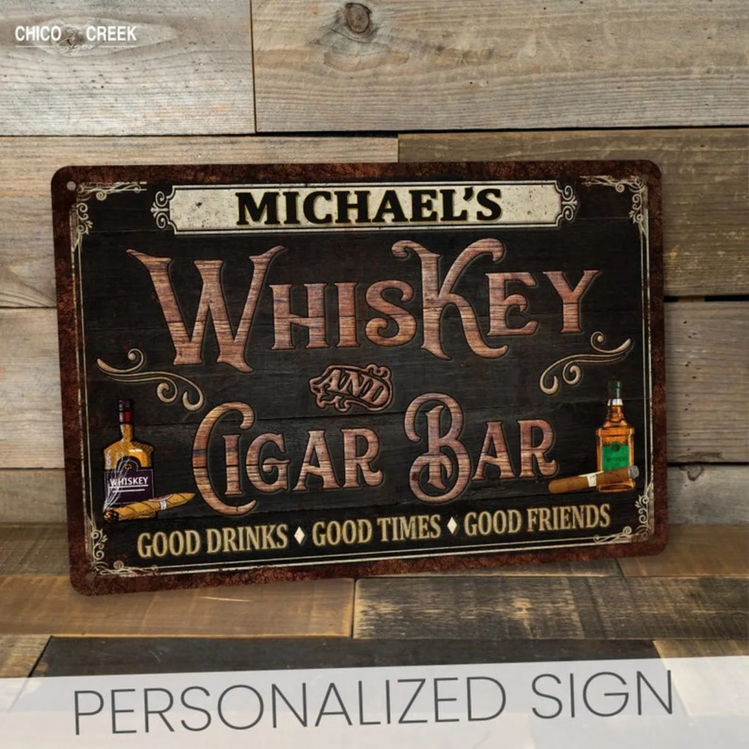Home Bar Signs - Personalisiertes Vintage Whiskey- & Zigarren-Bar-Schild, Wanddekoration